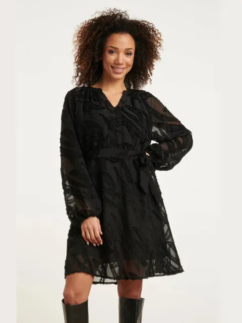 Smashed Lemon 24765 e chiffon jurk met dierenprint Zwart