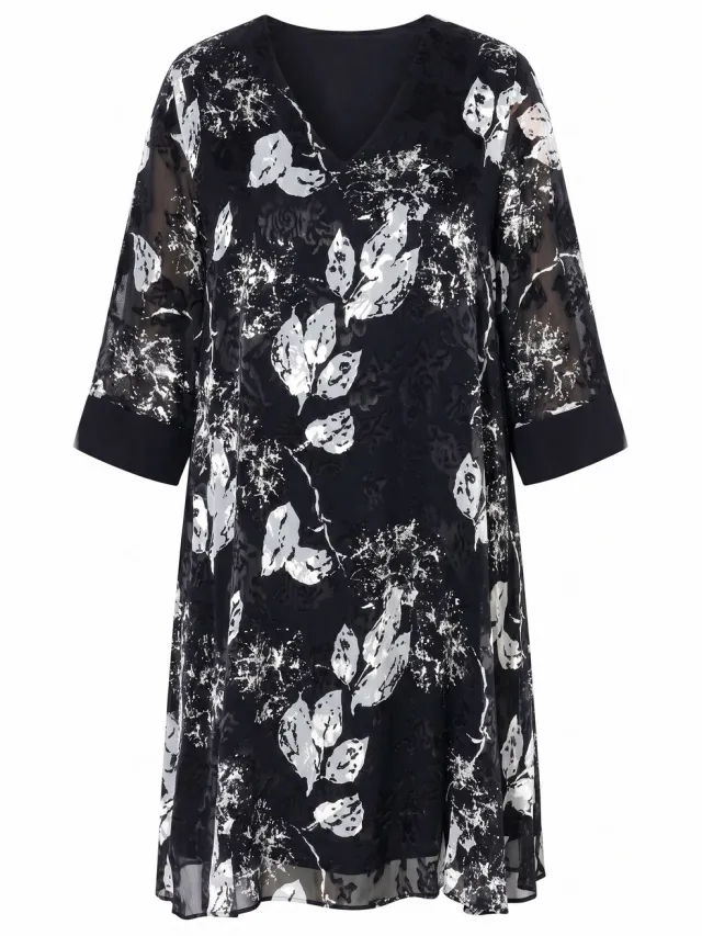 Ulla Popken Dames - Jurk met burnout-effect zijdemix V-hals 3/4-mouwen - Zwart - Maat 50+