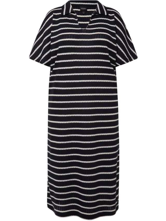 Ulla Popken Dames - Gebreide midi-jurk strepen V-hals halve mouwen - Marine - Maat 46+