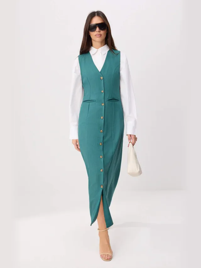 Trendyol Modest Dames Groen Effen Maxi Lang Casual Gilet Modest Jurken