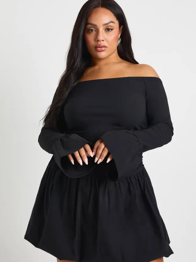 boohoo Dames Plus Pofbal Uitlopende Mouw Bardot Mini Jurk Zwart