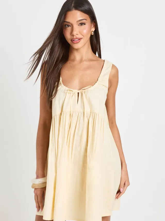 boohoo Dames Mini Smock Jurk Met Strikdetail Vooraan Citroen