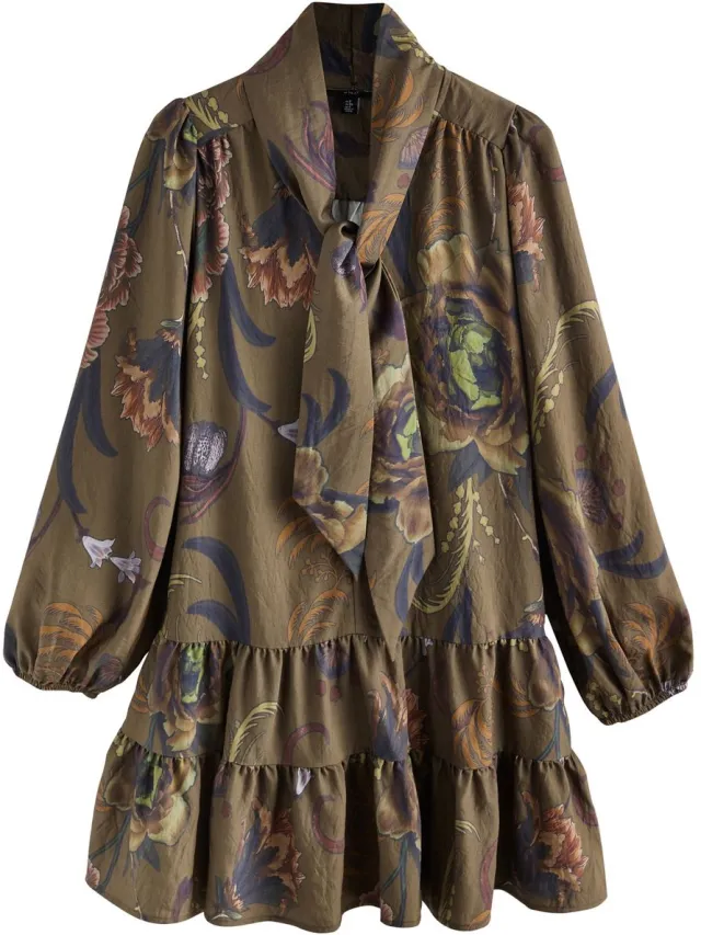 Next Dames - Mini-jurk met lange mouwen en strik in de hals - Groen Khaki Green Next X Kew Print