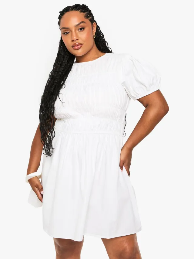 boohoo Dames Plus Cotton Shirred Skater Jurk Wit