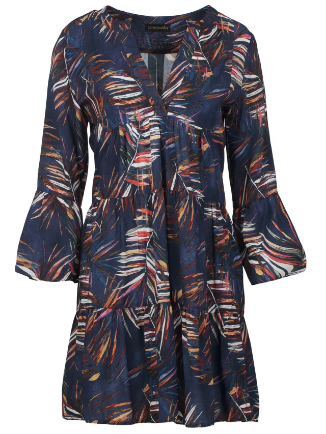 Conquista Jurk met bladprint en klokmouwen marineblauw, foto 2