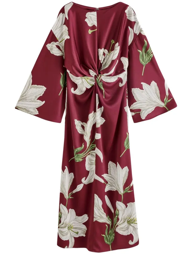 Next Dames - Maxi-jurk van satijn met gedraaide voorkant en lange mouwen - Tall - Rood Kew Collection Burgundy Red Floral Print