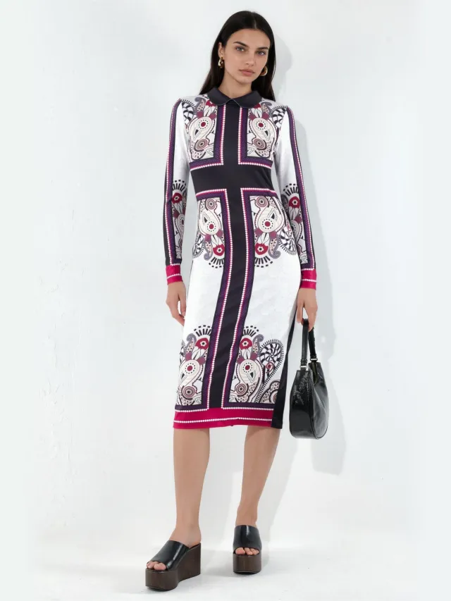 MSN Collection Geprinte Bodycon Midi Jurk Veelkleurig