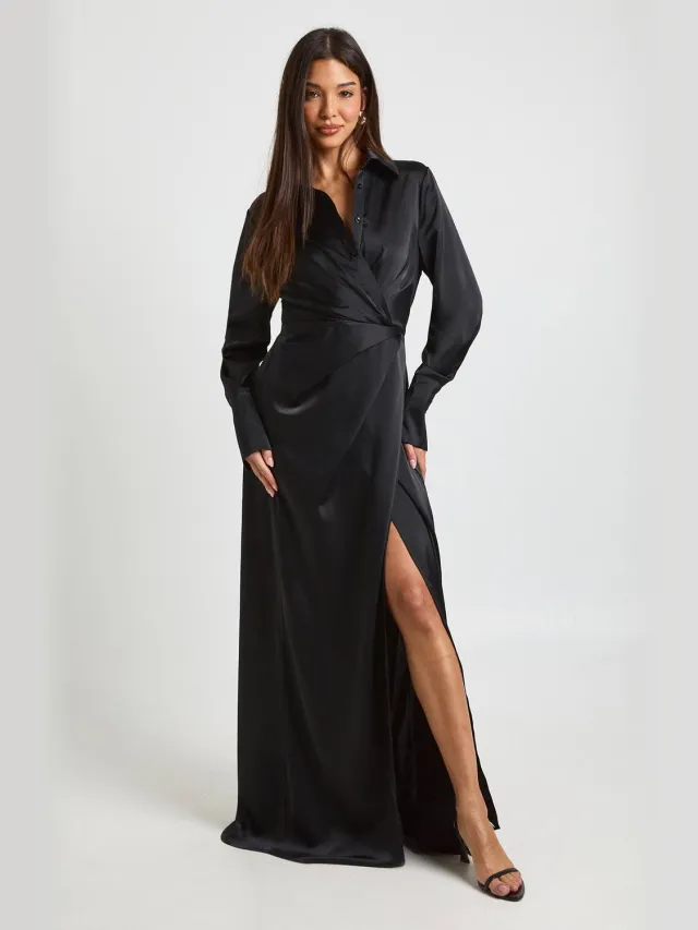 boohoo Dames Satijnen Drape Taille Lange Mouw Maxi Blousejurk Zwart