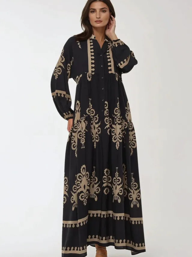 Hiccup Geprinte Lange Mouw Viscose Maxi Jurk Zwart