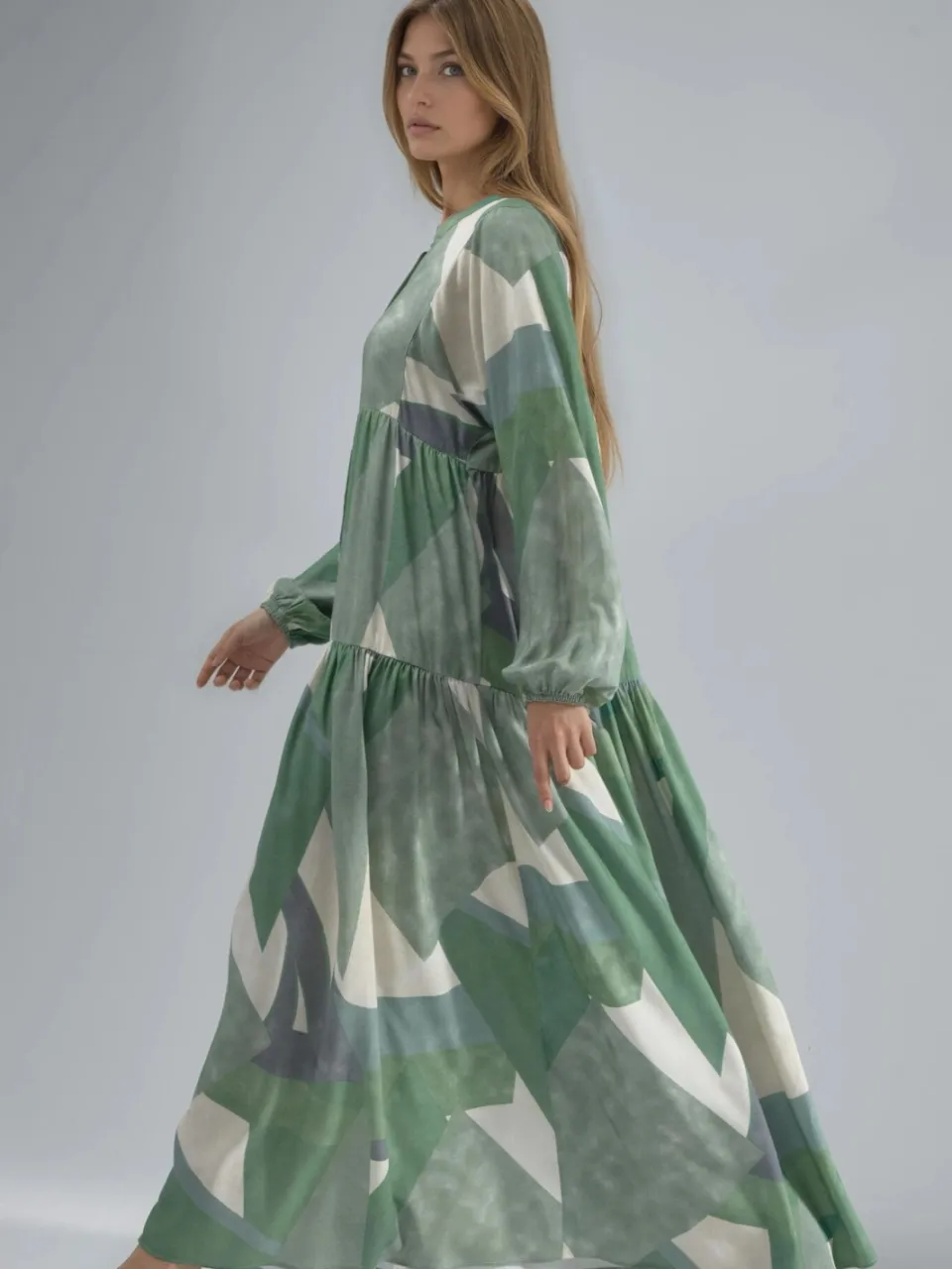 Hiccup Geprinte Lange Mouw Viscose Maxi Jurk saliegroen, foto 2