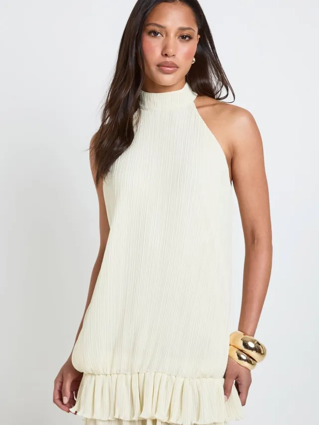 boohoo Dames Plisse Dubbele Ruches Mini Jurk Ivoor