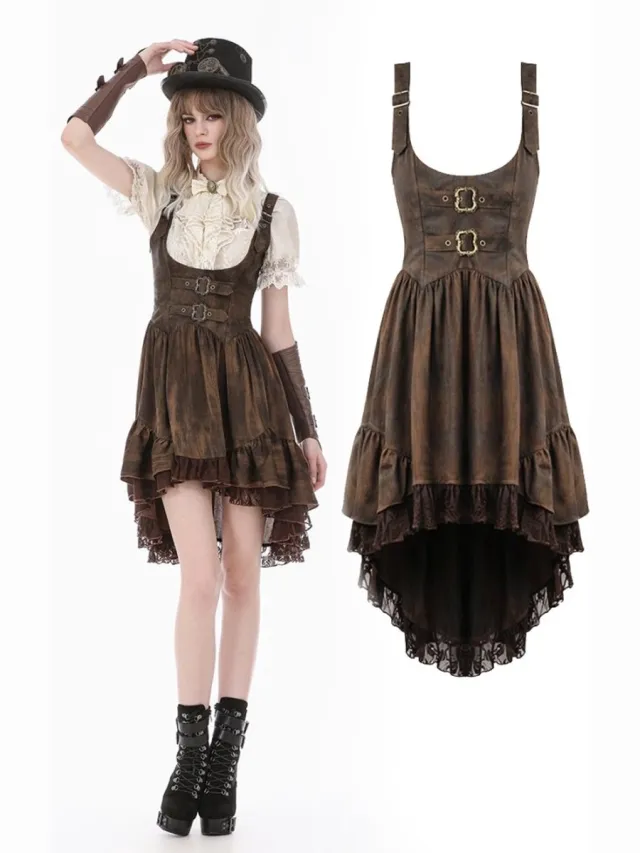 Dark In Love Steampunk Vintage TieDye Leather Patchwork Lace High low jurk - XL - Bruin
