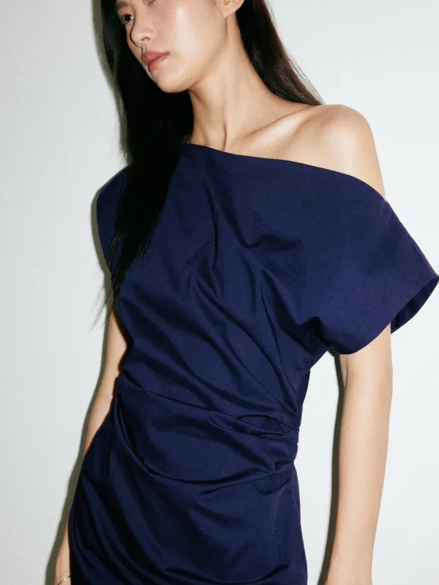Mango off shoulder midi jurk - donkerblauw, foto 4