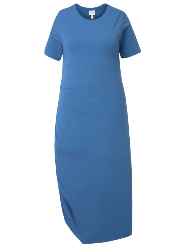 Ulla Popken Dames - Maxi-jurk gedrapeerd ronde hals - Denim blauw - Maat 50+