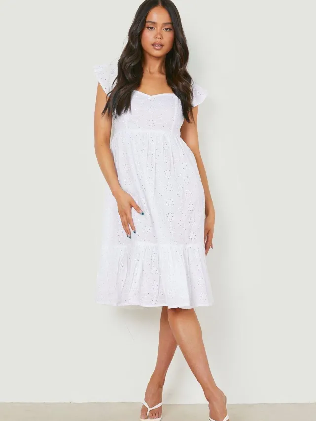 boohoo Dames Petite Broderie Puff Sleeve Bardot Midi Jurk Wit