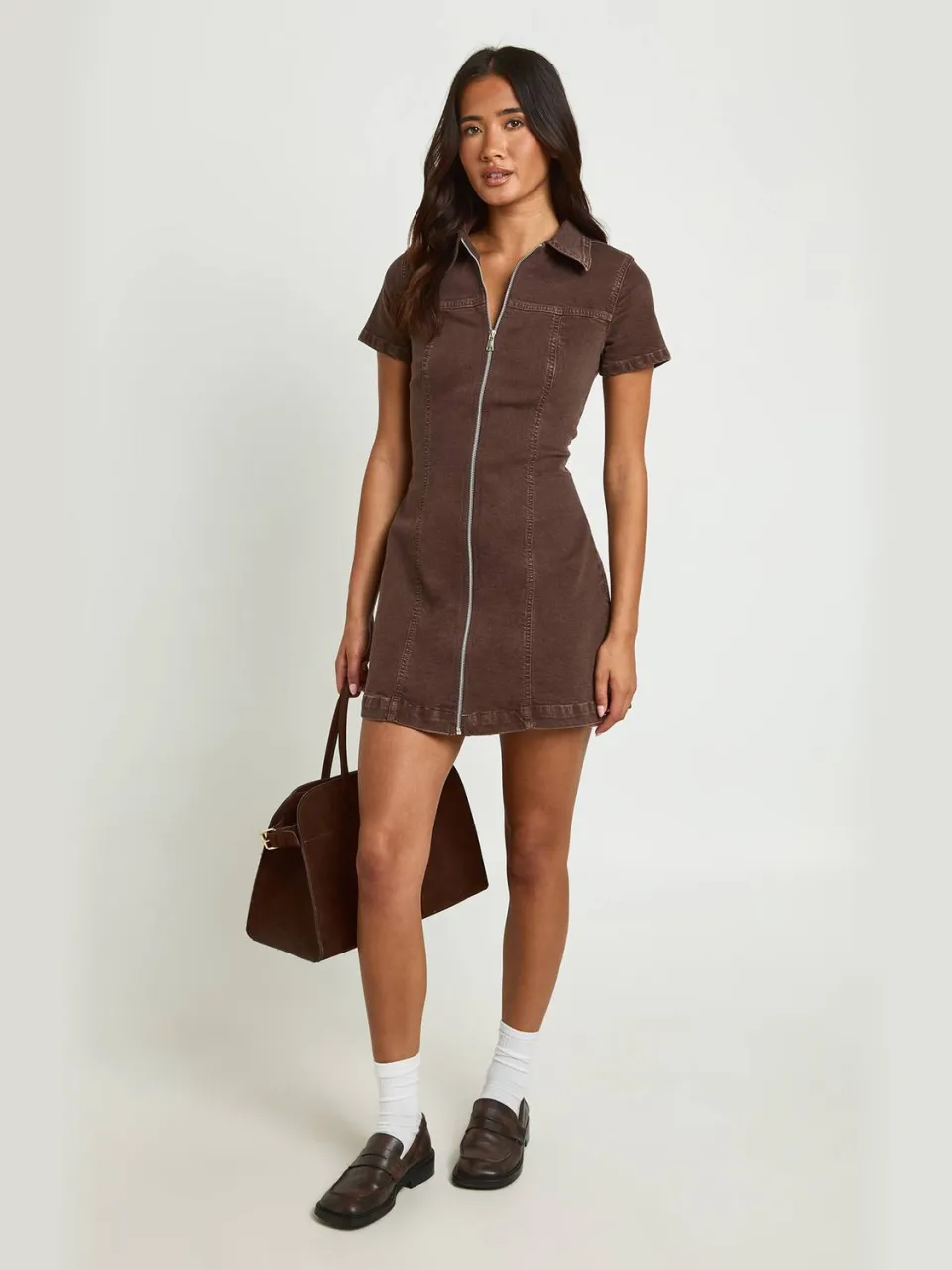 boohoo Dames Denim Jurk Met Korte Mouwen En Rits Aan De Voorkant, foto 3