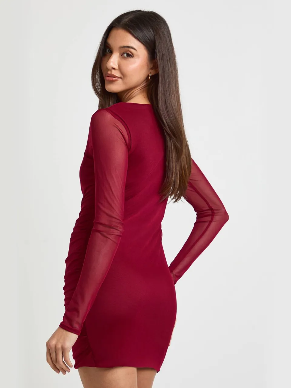 boohoo Dames Bodycon Mini-jurk Met Vierkante Hals En Gerimpeld Mesh bordeaux rood, foto 3