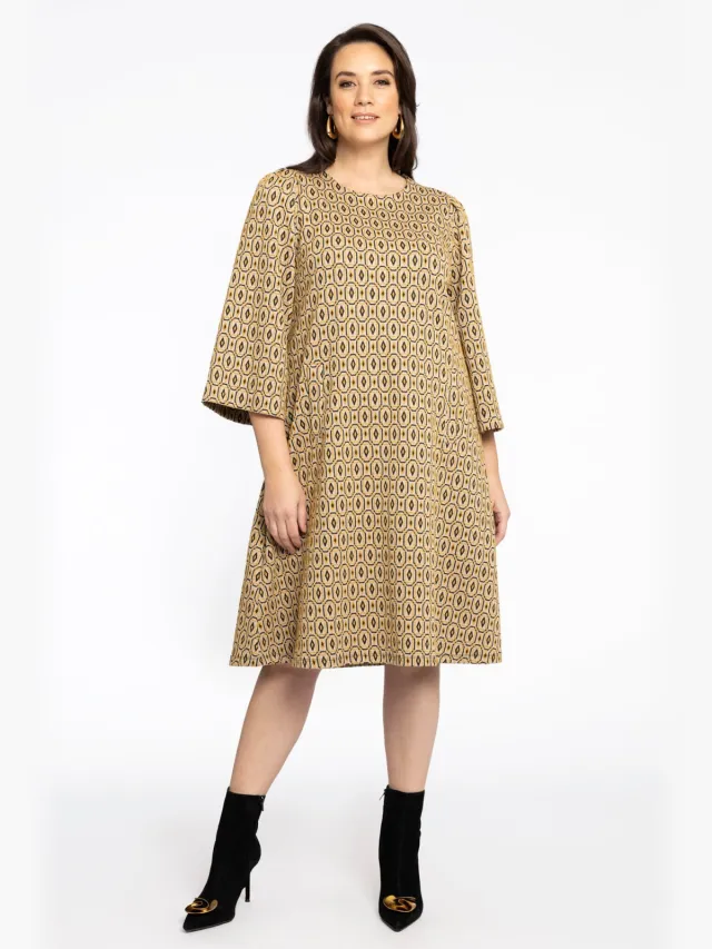 Yoek Dress A-line puff sleeve DIAMONDS | Lichtbruin