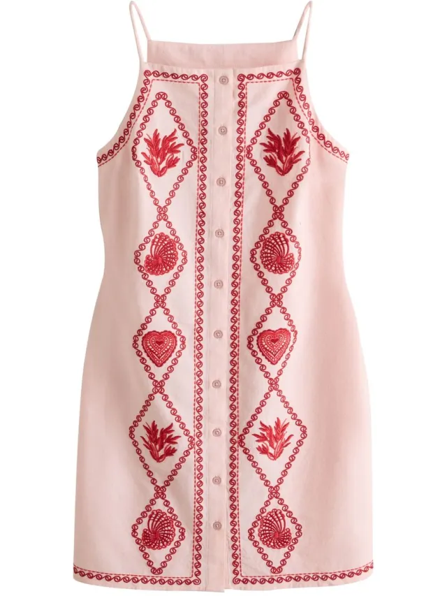 Next Dames - Geborduurde mini-shiftjurk met linnen - Roze Pink/Red