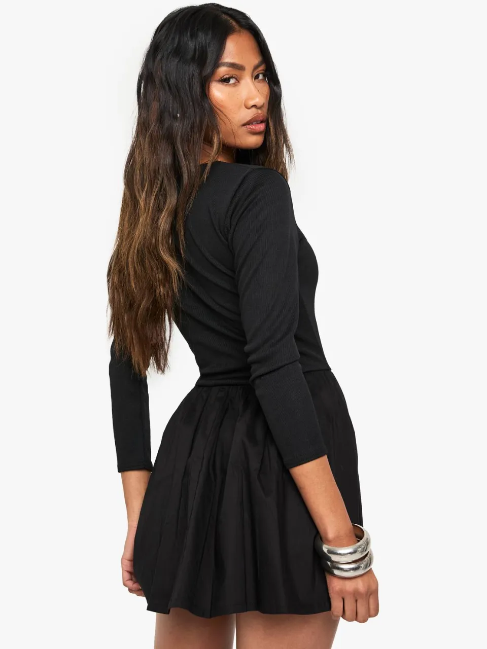 boohoo Dames Jersey Rib Cotton Mix Langarm Mini Jurk zwart, foto 2