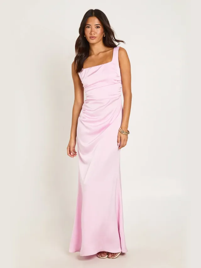boohoo Dames Satijnen Maxi Jurk Met Corset Detail En Halsdoek Pastelroze
