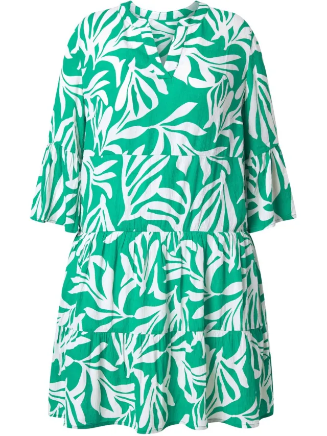 Ulla Popken Dames - Midi-jurk A-lijn V-hals 3/4-mouwen - Zomergroen - Maat 50+