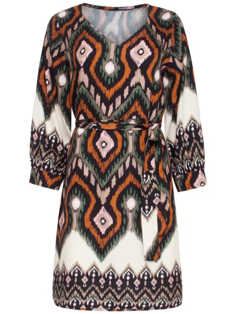 Smashed Lemon 23529 dames klassieke v-hals jurk met riemopvallende tribal print zwart, foto 2