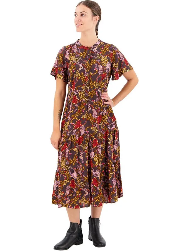 Superdry Printed Tiered Midi-jurk Met Korte Mouwen Bruin S Vrouw Black Juju Floral Print