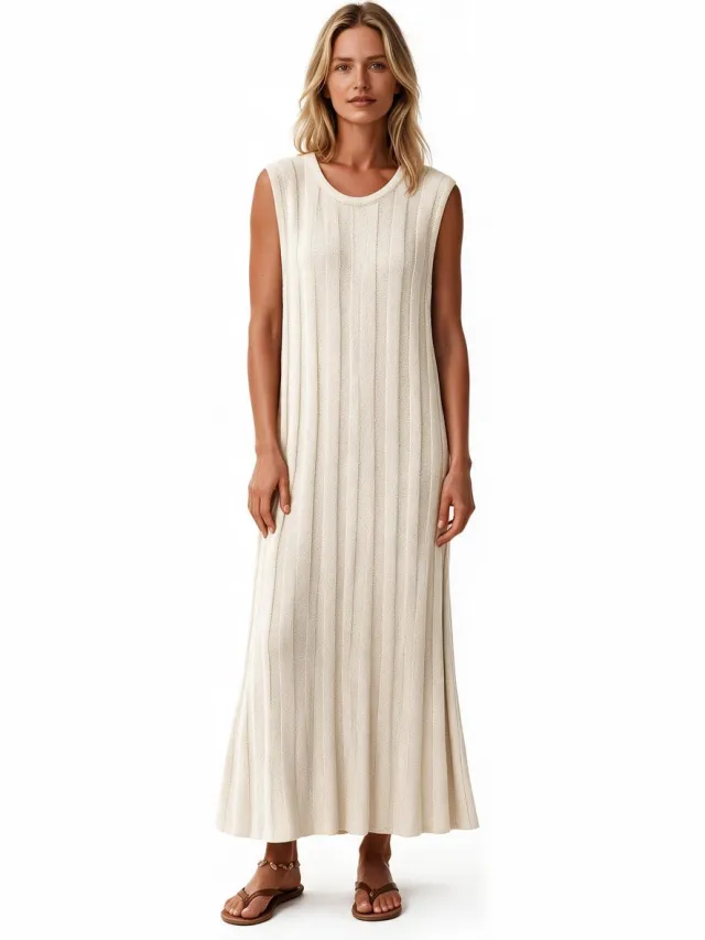 Imily Bela Dames Mouwloze Maxi Jurk met Geribde Structuur Beige