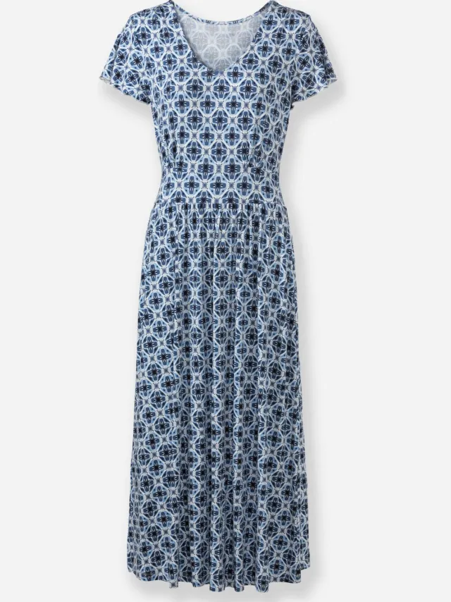 Jersey jurk jeansblauw/ecru bedrukt