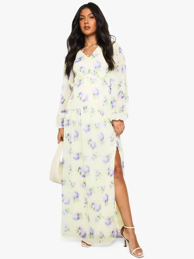 boohoo Dames Zwangerschapsjurk in chiffon met lange mouwen en geplooide taille maxi-jurk Citroen