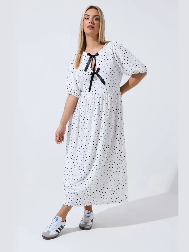 Limited Collection Ivoorkleurige Jurk Met Stippen En Strik-52 White