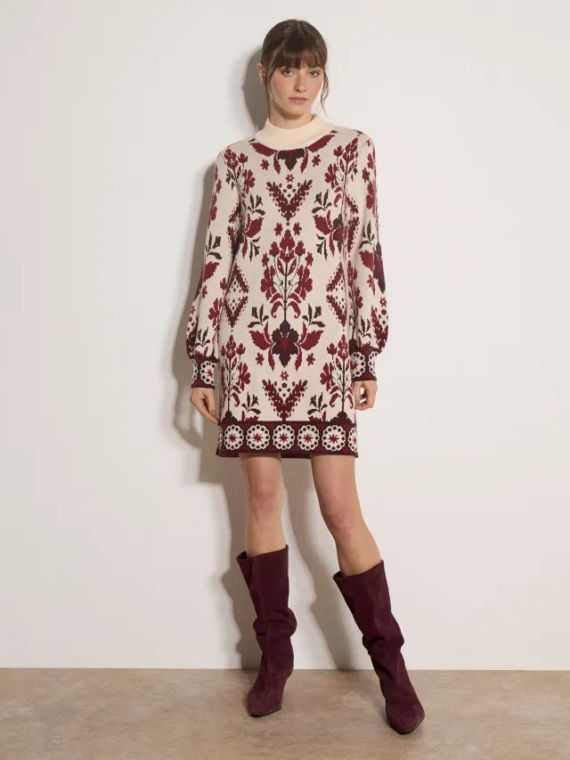Apricot Mini-trui-jurk met folkloristische bloemenprint Steen
