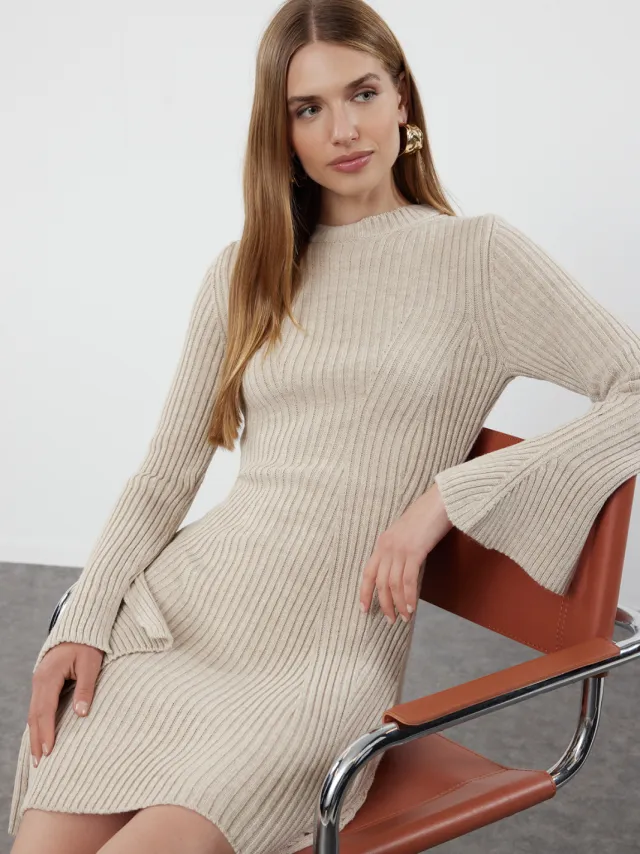 Trendyol TRENDYOLMİLLA Dames Beige Effen Extra Kort / Super Mini Lang Casual A-lijn Jurken Gebroken wit