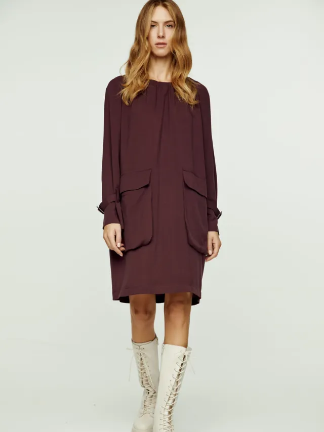 Conquista Bordeauxrode Tencel jurk met zakdetail