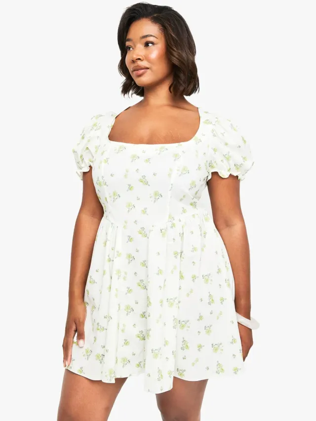 boohoo Dames PLUS PUFF MOUW DITSY MELKMEISJE JURK ivoor, foto 2