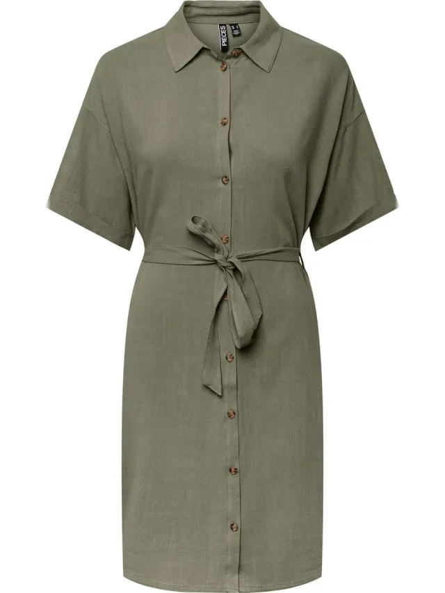 Pieces PCVINSTY SS LINEN SHIRT DRESS NOOS Dames Deep Lichen Green