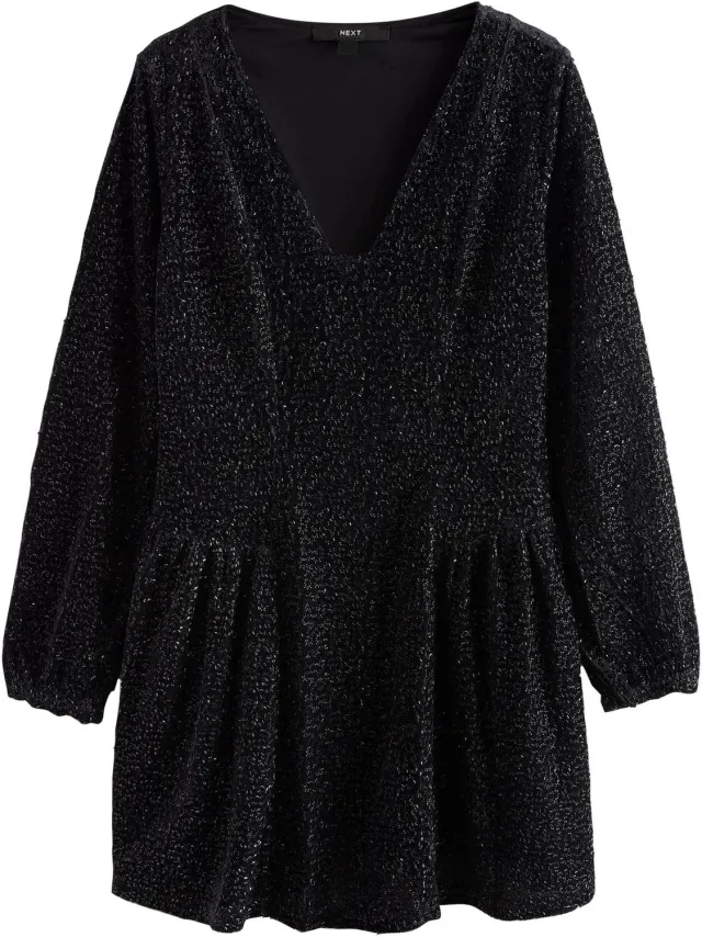 Next Dames - Mini-jurk met lange mouwen, lovertjes en V-hals - Zwart Black