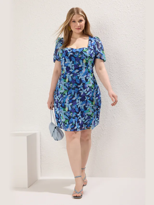 Trendyol Curve Dames Blauw Bloemen Kort / Mini Kort Casual A-lijn Grote maten Jurk