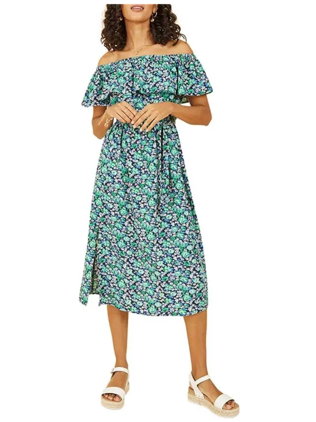 Yumi Midi-jurk voor dames met kleine bloemenprint en blote schouders (Groen)