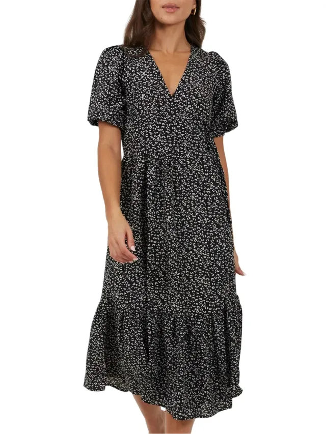 Brave Soul Dames Bloemen Wikkeljurk (Zwart/Wit)