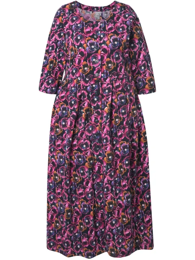 Ulla Popken Dames - Jersey maxi-jurk bloemen ronde hals 3/4-mouw zakken - Donkerpaars