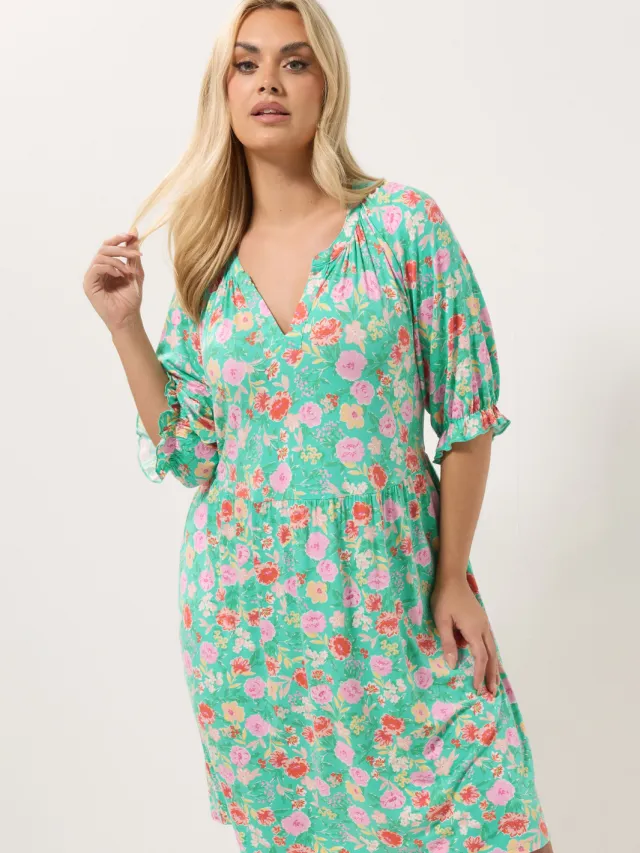 Yours Groene Jurk Met Bloemenprint En Inkeping In De Hals Green