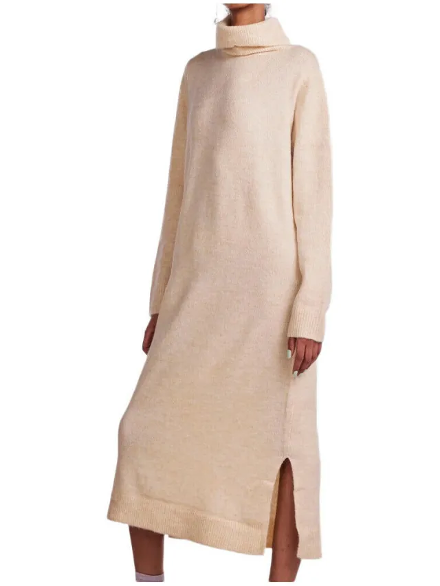 Pieces Lange Jurk Pieces Rollneck Knitt Beige