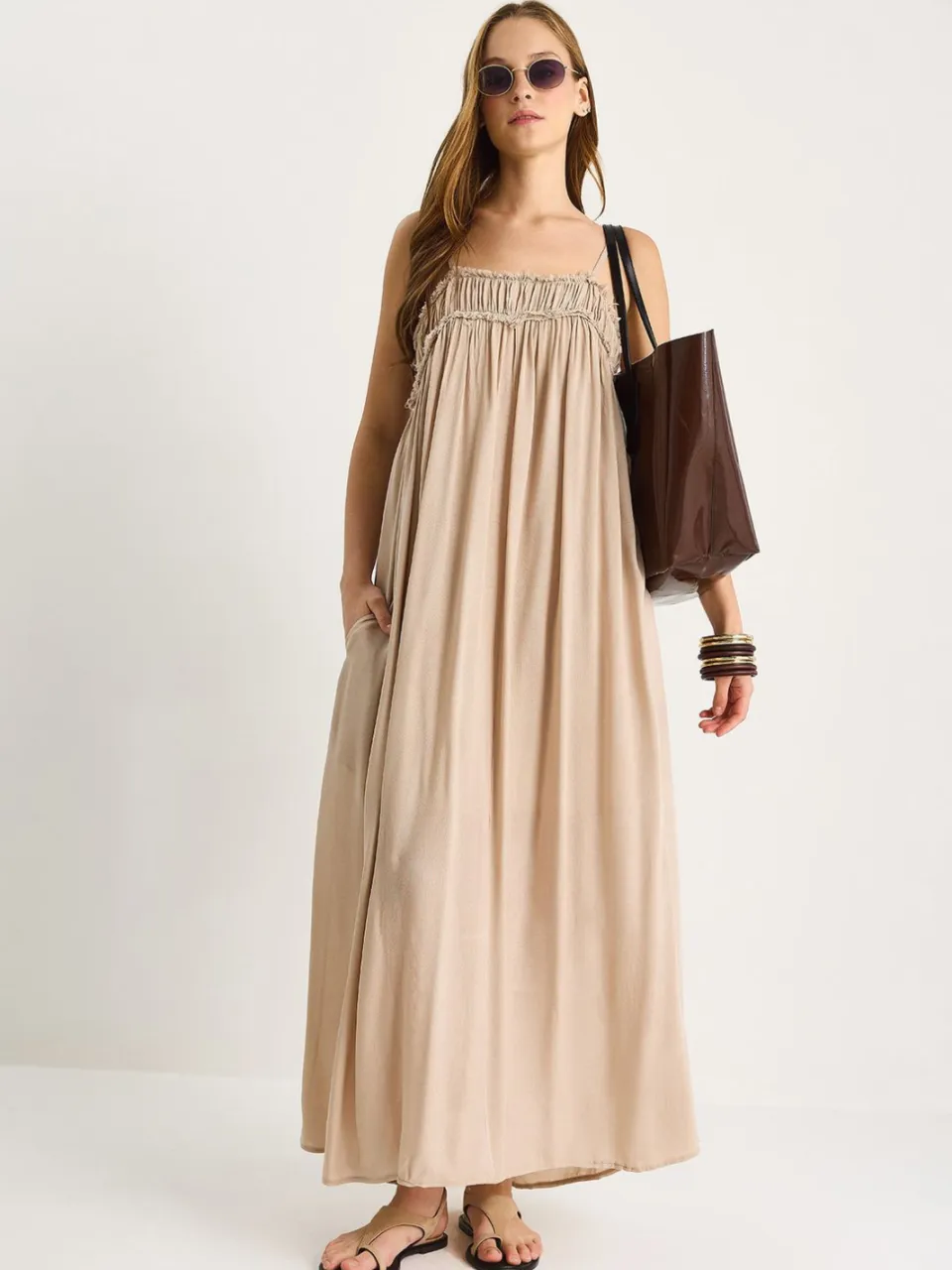 Bianco Lucci Geborduurd Vierkant Kraag Maxi Jurk beige, foto 2