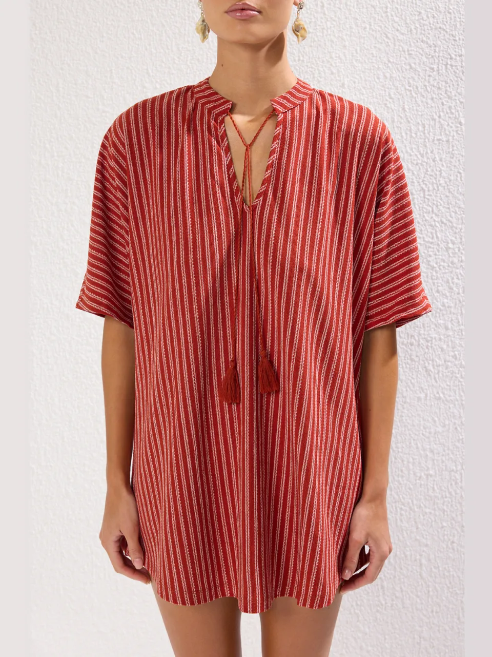 Trendyol TRENDYOLMİLLA Dames Bruin Gestreept Extra Kort / Super Mini Driekwart mouw Strandkleding Recht Strandjurken, foto 2