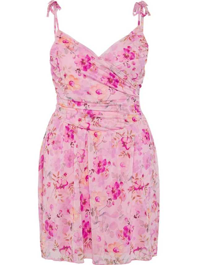 Trendyol Curve Dames Roze Bloemen Kort / Mini Mouwloos Casual Skater Grote maten Jurk, foto 2