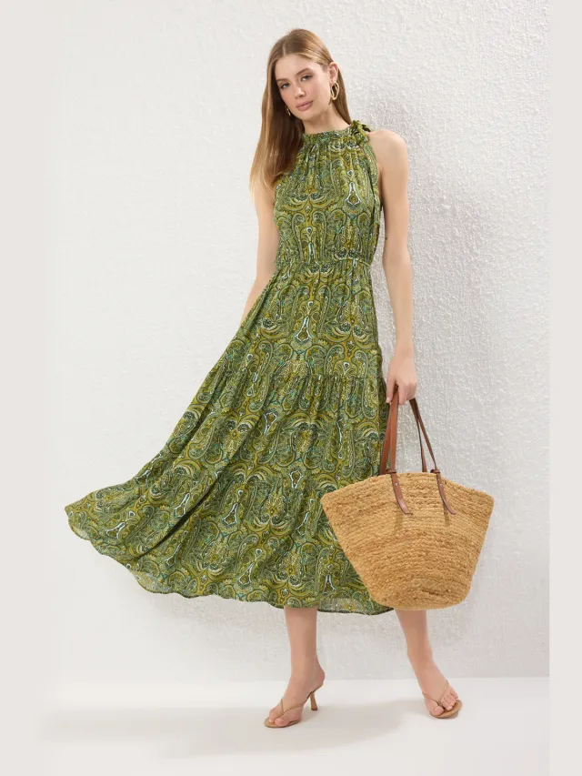 Trendyol TRENDYOLMİLLA Dames Groen Paisley Maxi Mouwloos Casual Skater Jurken