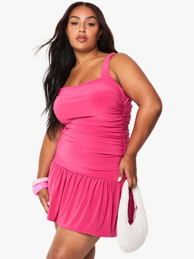 boohoo Dames Plus mini-jurk met dubbele laag en drop-zoom Felroze
