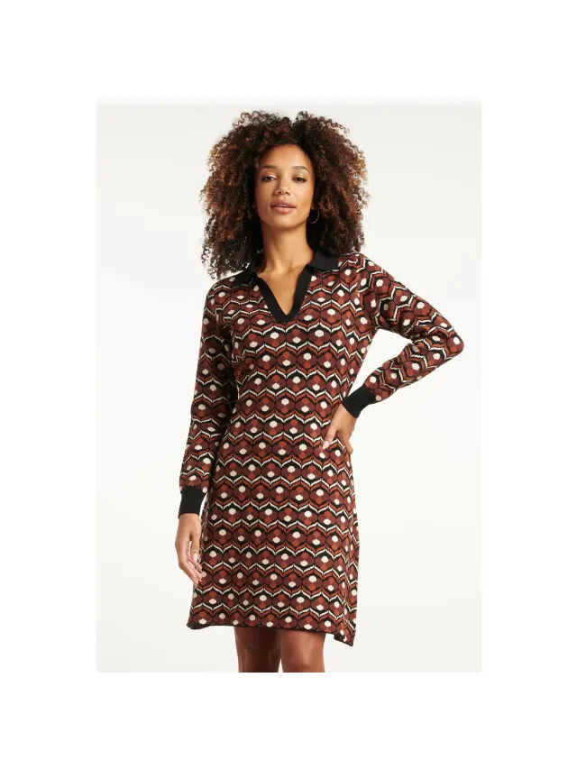 Smashed Lemon Retro gebreide jurk met bruin en zwart print